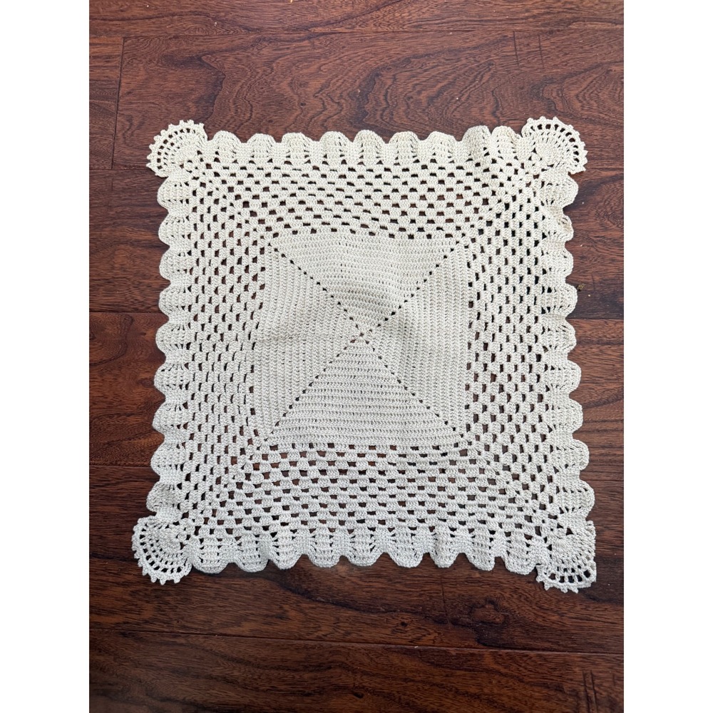 Vintage Hand Crochet Square Doilies Cream Cotton Scalloped Edge 13 dia set of 2
